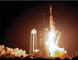  ?? JOHN RAOUX — THE ASSOCIATED PRESS ?? A SpaceX Falcon 9 rocket lifts off from pad 39A at Kennedy Space Center in Cape Canaveral, Fla., early Feb. 15. If all goes well, a touchdown attempt on the moon by Intuitive Machines’ lunar lander would occur Feb. 22, after a day in lunar orbit.