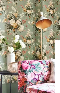  ??  ?? Above: Stapleton Park wallpaper in Sage/honey, £89 per roll; (on sofa) Very Rose & Peony velvet in Wild Plum, £129 per m
Below: Very Rose & Peony wallpaper in Kingfisher/rowan Berry, £109 per roll
Right, from top: Hollyhocks wallpaper in Gold Metallic/tan and Hollyhocks wallpaper in Copper/rhodera, both £109 per roll