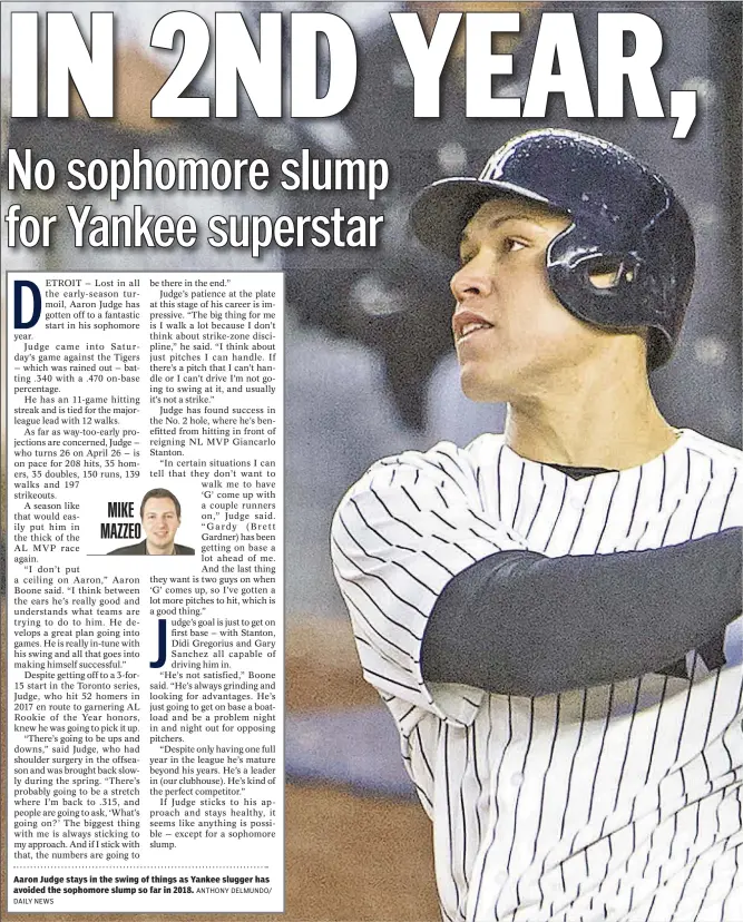  ?? ANTHONY DELMUNDO/ DAILY NEWS ?? Aaron Judge stays in the swing of things as Yankee slugger has avoided the sophomore slump so far in 2018.
