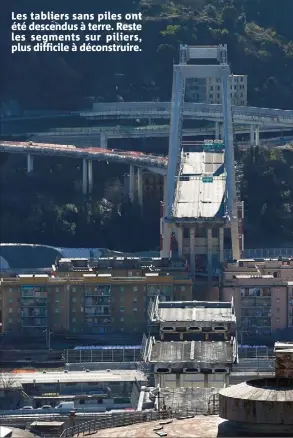  ??  ?? Les tabliers sans piles ont été descendus à terre. Reste les segments sur piliers, plus difficile à déconstrui­re.