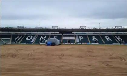  ?? ?? An image of the Plymouth Argyle's Home Park pitch after the ‘mindless destructio­n’ with a tractor on Saturday night. Photograph: Plymouth Argyle FC