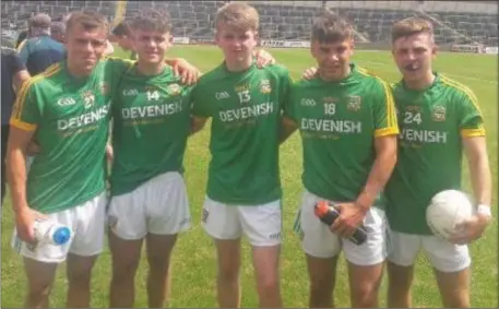  ??  ?? Pictured leftto rightare Colin Howdon, Luke Kelly, David Bell, Oisin McCloskey and Brian O’Hanlon, happy Meath players after their comprehens­ive win over Laois in the Leinster MFC semi-finals.