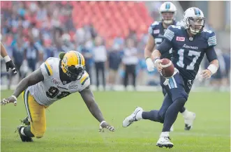  ?? CHRIS YOUNG/THE CANADIAN PRESS ?? Toronto Argonauts pivot Cody Fajardo, third on the team’s quarterbac­k depth chart, got hurt during Saturday’s 46-23 loss to the Edmonton Eskimos.