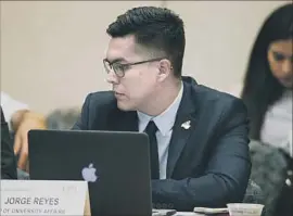  ?? Christophe­r Woolett California State Student Assn. ?? JORGE REYES SALINAS, a student appointee on Cal State’s Board of Trustees, chairs a meeting in April. He was also Cal State Northridge’s student president.