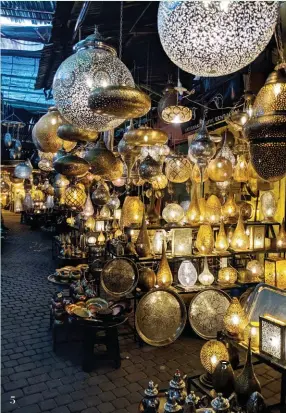  ??  ?? 5 Brass and copper lamps of all shapes and sizes
Café Casablanca 5/F Rustan’s Makati 8133739 loc 280
Agafay desert
+212 661 77 67 66 http://thewhiteca­mel.ma/en/
BP 67, Asni, 42152 Asni, Marrakech https://www.virginlimi­tededition.com/en/kasbahtama­dot
+212 0 524 36 82 00