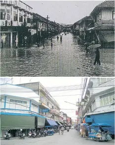  ??  ?? The fire completely changed Ban Pong Market from a place full of tile-roofed wooden shophouses and thatch-roofed bamboo wooden houses along curvy alleys to rows of two-storey commercial buildings among well-designed road blocks thanks to modern city...