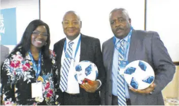  ?? (Photo: Paul Reid) ?? Jamaica Football Federation (JFF) President Michael Ricketts (centre), FIFA’S director of the F4S programme Fatima Sidibe (left), and JFF Vice-president Raymond Anderson during the opening ceremony of the FIFA F4S workshop at Holiday Inn
Sun Spree in Rose Hall, St James, on Monday.