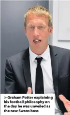 ??  ?? > Graham Potter explaining his football philosophy on the day he was unveiled as the new Swans boss