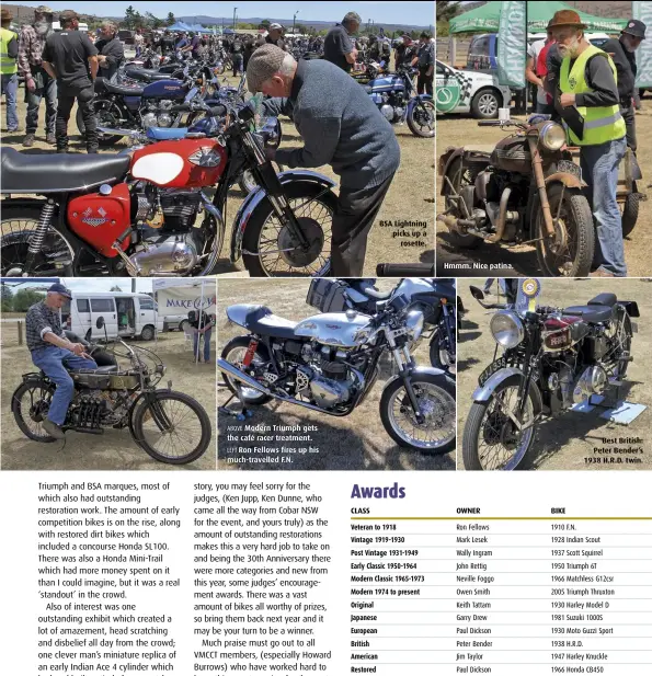  ??  ?? ABOVE Modern Triumph gets the café racer treatment. LEFT Ron Fellows fires up his much-travelled F.N. BSA Lightning picks up arosette.Hmmm. Nice patina.Best British: Peter Bender’s 1938 H.R.D. twin.