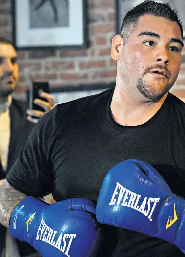  ??  ?? Heavyweigh­t scrap: Andy Ruiz Jnr trains for the Anthony Joshua bout and (below left) in action in an early victory over Tor Hamer