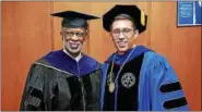  ??  ?? State Sen. Art Haywood, D-4, the commenceme­nt speaker, is pictured with Manor College President Jon Peri at the commenceme­nt ceremony May 17.