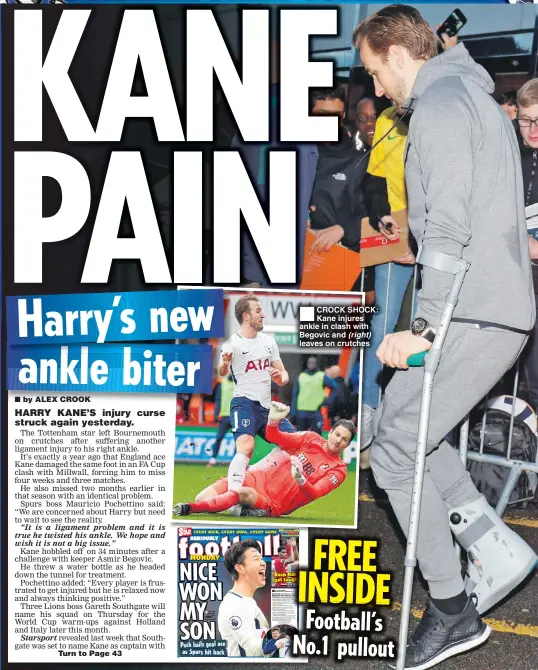  ??  ?? CROCK SHOCK: Kane injures ankle in clash with Begovic and (right) leaves on crutches