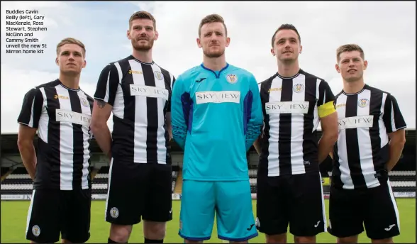  ??  ?? Buddies Gavin Reilly (left), Gary MacKenzie, Ross Stewart, Stephen McGinn and Cammy Smith unveil the new St Mirren home kit