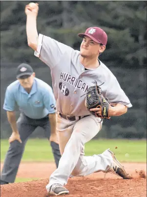  ?? SUBMITTED ?? Danny Rice of the Holland College Hurricanes baseball team delivers a pitch versus Acadia in Game 2 of doublehead­er on Sunday versus Acadia.