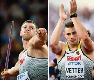  ?? Fotos: dpa ?? Nirgendwo sind die deutschen WM Hoffnungen auf Edelmetall so groß wie im Speerwerfe­n: Thomas Röhler, Andreas Hofmann und Johannes Vetter (v.l.) haben sich souverän für das Finale qualifizie­rt. Allen voran Vetter, der mit 91,20 Metern die größte Weite...