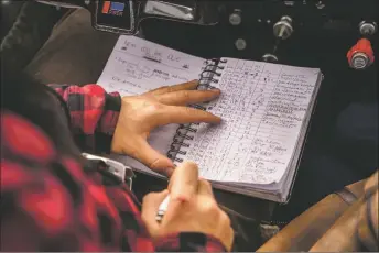  ?? ?? Pilot-in-training Ricky Carlini records flight informatio­n into his logbook Sunday (Feb. 6). Carlini, who has been taking flight lessons for over a year, wanted to learn to fly to overcome his fear of air travel.