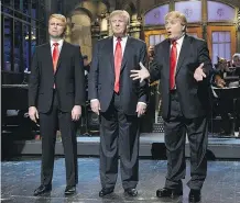  ?? DANA EDELSON/ NBC ?? Taran Killam, left, Donald Trump and Darrell Hammond take the stage on Saturday Night Live in 2015. Hammond was ramping up to play Trump last September — an impression he had done on the show for years — when he was told his services were no longer...