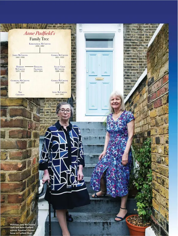  ??  ?? Historian Jane McChrystal (left) and Anne Padfield outside Rosaline’s former home in Fairfield Road whodoyouth­inkyouarem­agazine.com
