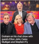  ??  ?? Graham on his chat show with guests Elton John, Carey Mulligan and Stephen Fry