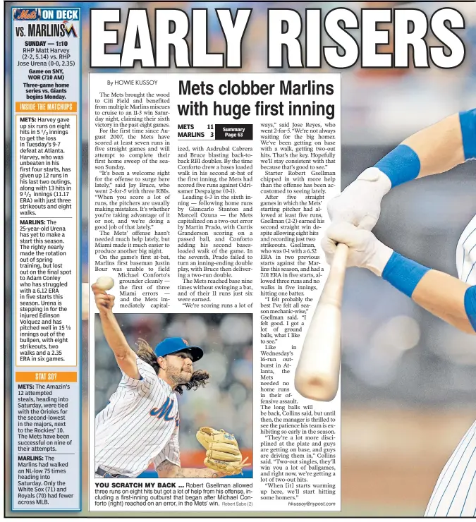  ?? Robert Sabo (2) ?? YOU SCRATCH MY BACK ... Robert Gsellman allowed three runs on eight hits but got a lot of help from his offense, including a first-inning outburst that began after Michael Conforto (right) reached on an error, in the Mets’ win.