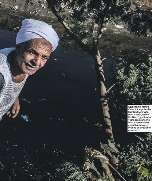  ?? AFP ?? Egyptian Mohamed Omar, 65, supplies his farmland with water from a canal, fed by the Nile. Egypt has for years been suffering from a severe water crisis that is largely blamed on population growth