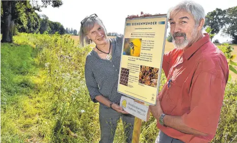  ?? FOTO: AXEL PRIES ?? „Faszinatio­n für Bienen wecken“: Maria Ruchti und August Schaible mit einer der Info-Tafeln.