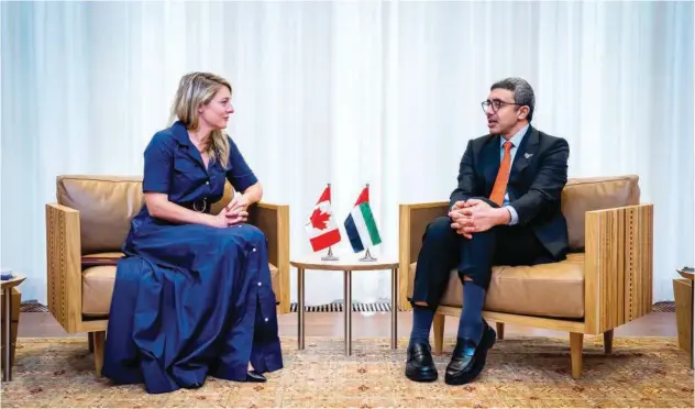  ?? WAM ?? ±
Sheikh Abdullah and Melanie Joly, Minister of Foreign Affairs of Canada, hold talks in New York.