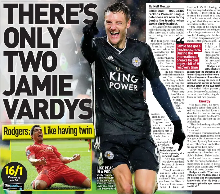  ??  ?? LIKE PEAS IN A POD.. Vardy can keep a defence quiet on his own, the same as former Liverpool strike star Suarez (left)