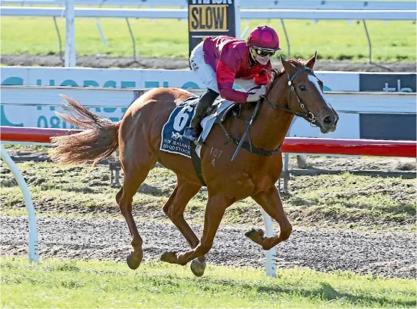  ??  ?? Prom Queen and Alysha Collett on their way to winning the Champagne Stakes at Riccarton.