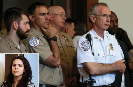  ?? NANCY LANE PHOTOS / HERALD STAFF ?? EMTs and other first responders, above and top, pack Boston Municipal Court Thursday as Julie Tejeda, inset, is arraigned on charges of stabbing an EMT and pepper-spraying her partner Wednesday.