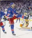  ?? Bruce Bennett / Getty Images ?? Filip Chytil celebrates his third period goal in the Rangers’ 5-3 win over the Penguins on Wednesday.