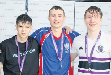  ??  ?? Top spot Jack Muncey (centre), a Perth City Swim Club member and Kinross High student, is pictured after winning the 200m backstroke at the Scottish Schools’ Championsh­ips. Photo: Gary Thomson