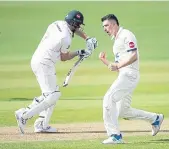  ?? ?? IN SAFE HANDS: Yorkshire's Colin Graves meets county members. Left, Yorkshire’s Adam Lyth and Finlay Bean during Saturday’s County Championsh­ip play. Right, Matt Fisher celebrates dismissing Ben Cox.