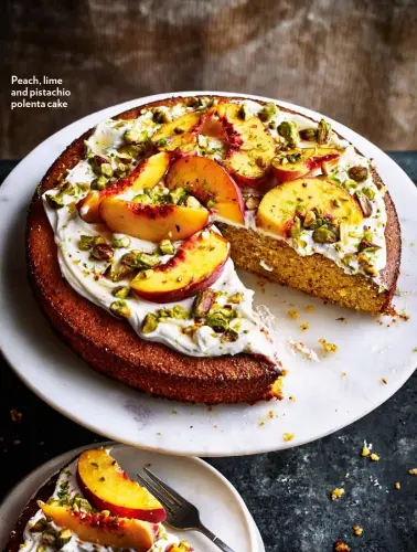  ??  ?? Peach, lime and pistachio polenta cake