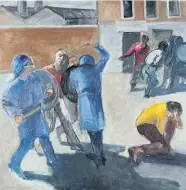  ??  ?? Klumpig ist die Staatsmach­t im Bildwerk des Malers Georg Eisler, Ausdruck anonymer Macht und strukturel­ler Gewalt: Das Gemälde „Straßenkam­pf“stammt aus dem Jahr 1974 (Öl auf Leinwand).