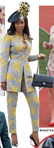  ??  ?? Above: A suit with yellow spatters and YSL logo heels, circled. Left: Outfit with equestrian inspiratio­n