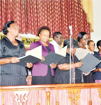  ??  ?? Members of the Harrison Seventh-day Adventist Church Choir perform a musical item during the thanksgivi­ng service for the late Esther James, which was held at the church in Catherine Hall, Montego Bay, on Sunday.