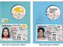  ?? California DMV ?? In California, the Real ID, left, looks the same as the state’s ID card or driver’s license, except it has a golden bear in the corner.