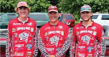  ?? PROVIDED ?? Bill Erdakos (from left), coach Jeff Wolfe and son Zach Wolfe after Lincoln-Way Central won the Illinois Bass Nation High School State Championsh­ip last summer on the Des Plaines River.