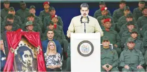  ??  ?? Venezuela’s President Nicolas Maduro delivering a speech during a military ceremony in Caracas. Maduro presided a salutation ceremony for the military personnel of the Bolivarian National Armed Forces.