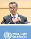  ?? FABRICE COFFRINI/GETTY IMAGES ?? New World Health Organizati­on (WHO) Director General Ethiopia’s Tedros Adhanom Ghebreyesu­s reacts after his election during the World Health Assembly (WHA) on Tuesday in Geneva. The first African to head the World Health Organizati­on, Ethiopia’s Tedros...