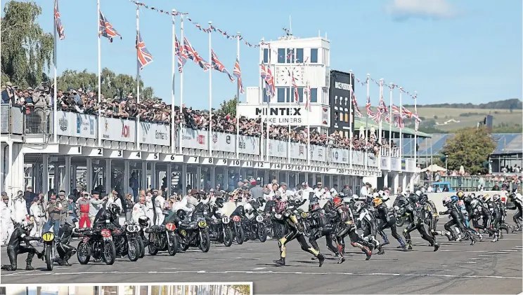  ?? [Photo by PA] ?? Riders race for their machines at the start of the Barry Sheene Memorial Trophy race.