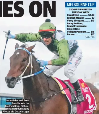  ?? ?? Incentivis­e and Brett Prebble win the Caulfield Cup. Picture: Scott Barbour/racing Photos via Getty Images