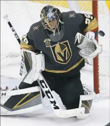  ?? John Locher/Associated Press ?? Vegas Golden Knights goalie and former Penguin MarcAndre Fleury made 24 saves to lead the Golden Knights to a 2-1 victory against the visiting Penguins on Thursday night.