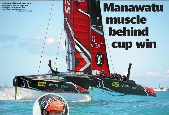  ?? PHOTOS: GETTY IMAGES ?? Pedal-powered hydraulics was a key point of difference for Team New Zealand at the America’s Cup. Inset: Simon van Velthooven.