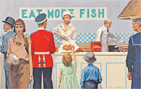  ??  ?? Frying tonight: a poster by Charles Pears, main, part of a campaign commission­ed in the late Twenties by the Empire Marketing Board. Right, Joe Shute working at the Haughton Chippy; far right, Cherie Hunter with her CV