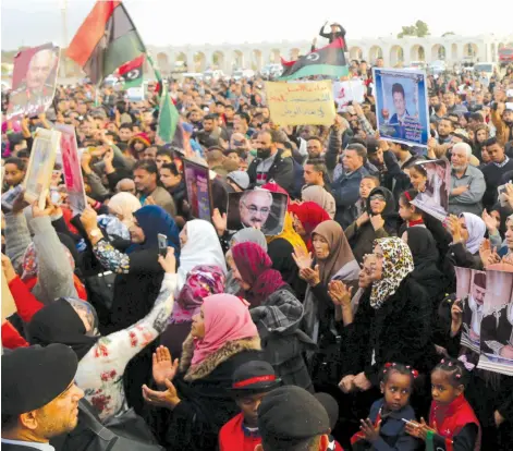  ?? (Esam Omran Al-Fetori/Reuters) ?? SUPPORTERS OF Eastern Libyan military commander Khalifa Haftar take part in a rally in Benghazi, Libya, calling for Haftar to take over after a UN deal for a political solution missed what they said was a selfimpose­d deadline in December 2017.