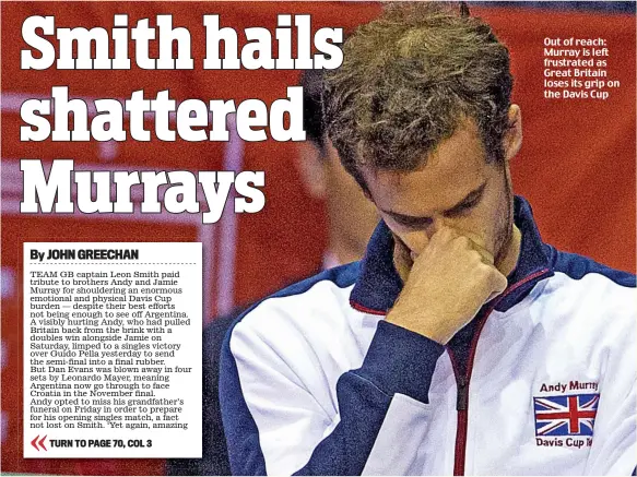  ??  ?? Out of reach: Murray is left frustrated as Great Britain loses its grip on the Davis Cup