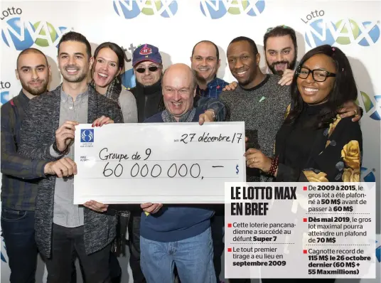  ?? PHOTO D’ARCHIVES, PIERRE-PAUL POULIN ?? En décembre 2017, neuf collègues de travail montréalai­s, qui oeuvraient dans le secteur de la finance, ont remporté le gros lot de 60 millions $ au Lotto Max. Le chiffre inscrit sur les chèques des futurs gagnants pourrait grimper jusqu’à 70 M$ en 2019.