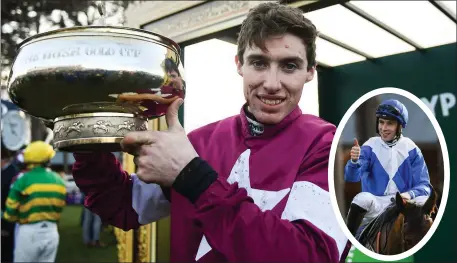  ??  ?? MAIN: Jack Kennedy with the cup after winning the Paddy Power Irish Gold Cup at the Dublin Racing Festival at Leopardsto­wn. INSET: Kevin Brouder celebrates on Treacysenn­iscorthy after winning the William Fry Handicap Hurdle. Photo by Sportsfile